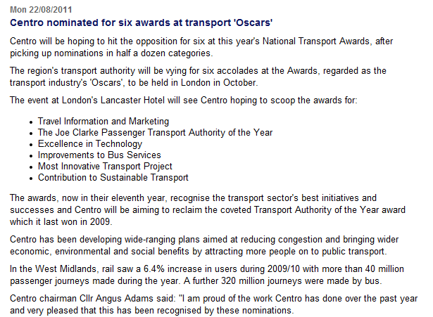 Centro press-release on the National Transport Awards 2011