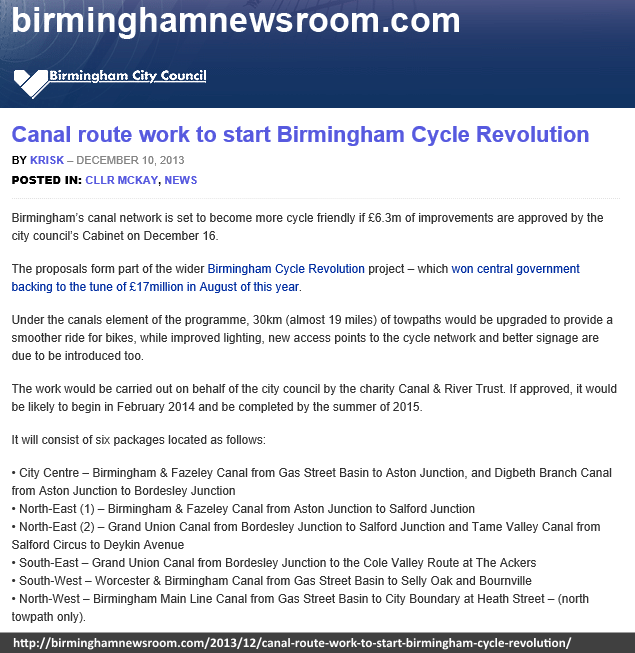 Birmingham city council announcement on canal improvements for the Cycle Revolution