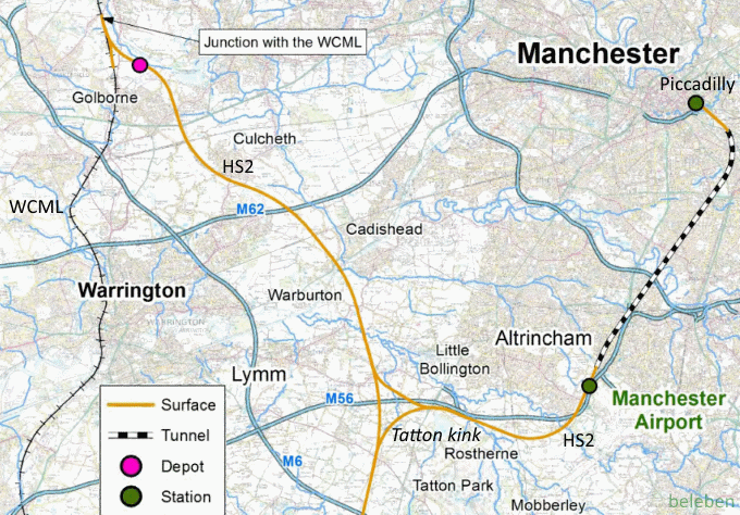 Official map of proposed HS2 railway in the Manchester and Warrington area