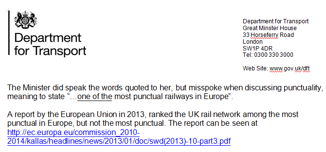 Extract from DfT statement on Claire Perry's claim about GB rail punctuality and 'busyness'