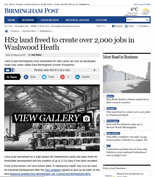 'HS2 land freed to create over 2,000 jobs in Washwood Heath', Birmingham Post, 24 Feb 2015