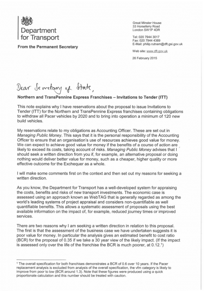 Philip Rutnam 'Pacer' letter to Patrick McLoughlin, page 1