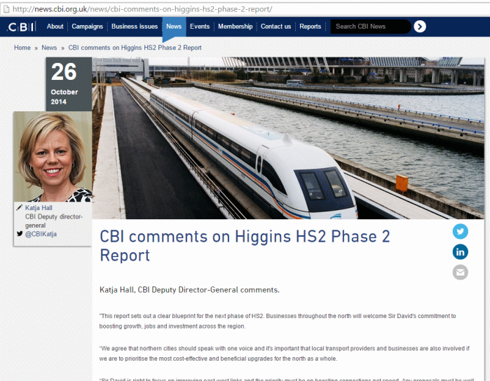 CBI comment on-David Higgins HS2 report, illustrated with picture of Transrapid maglev