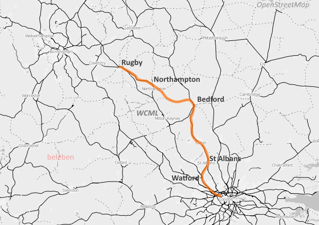 WCML weekend diversion concept using new build connections (Watford - St Albans City and Bedford - Northampton)