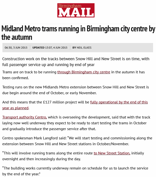 Birmingham Mail story about the opening of the Midland Metro City Centre extension, 3 June 2015