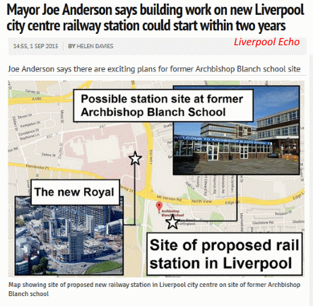 September 2015 Liverpool Echo story about Mayor Joe Anderson's support for an oddly sited new station in the city