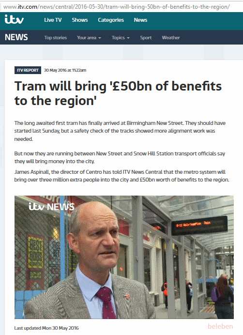 Central News, 30 May 2016: 'trams will bring £50 billion of benefits to the region'