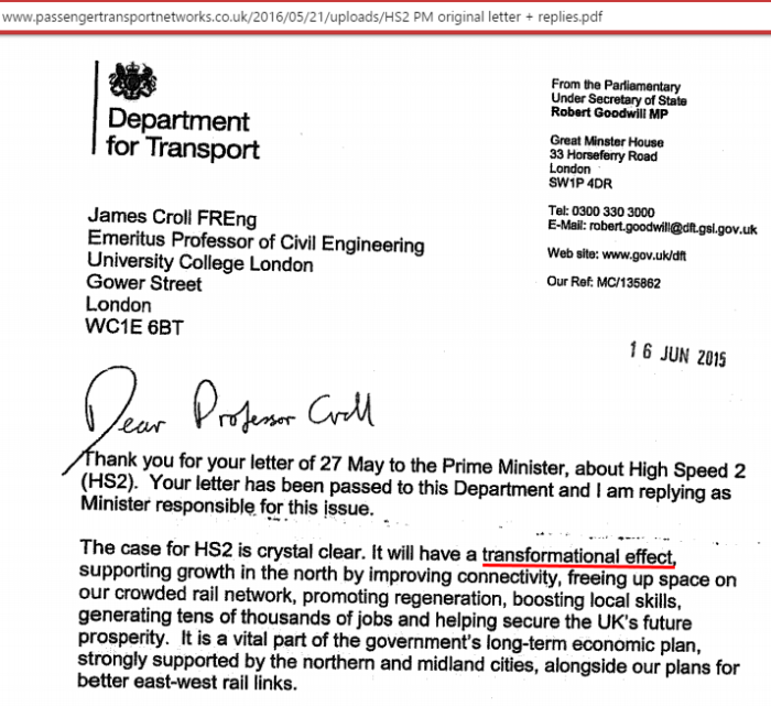 Department for Transport, Robert Goodwill's letter to James Croll, 16 June 2015 (extract)