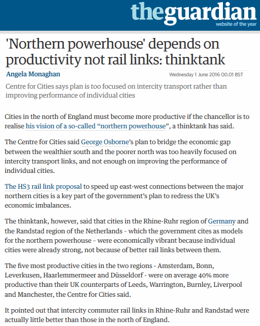 Guardian story on the Centre for Cities report on northern cities performance, 01 June 2016