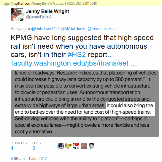 Twitter, @JennyBelleW, 'KPMG have long suggested that high speed rail isn't needed when you have autonomous cars'