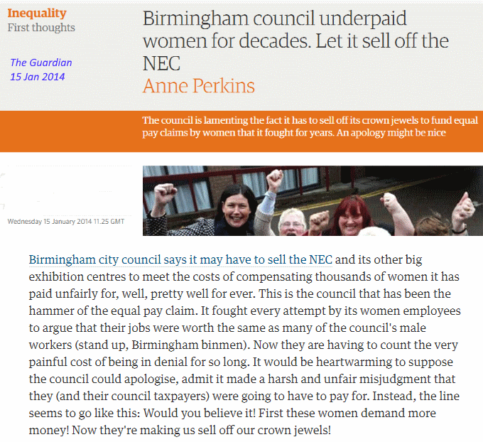 'Birmingham council underpaid women for decades',
Anne Perkins, The Guardian