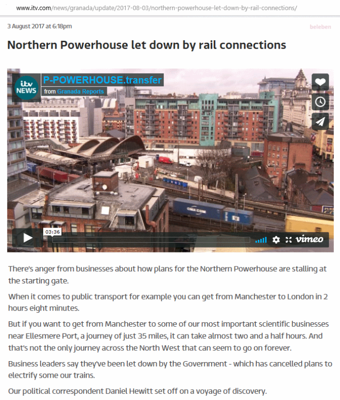 Northern powerhouse transport let down, ITV, August 2017