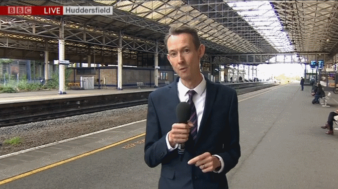 BBC Look North, Transpennine rail modernisation story, 13 Sep 2018, reporter Spencer Stokes at Huddersfield station