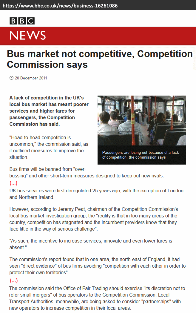 BBC News story, 'GB local bus market not competitive', 20 Dec 2011 (abridged)