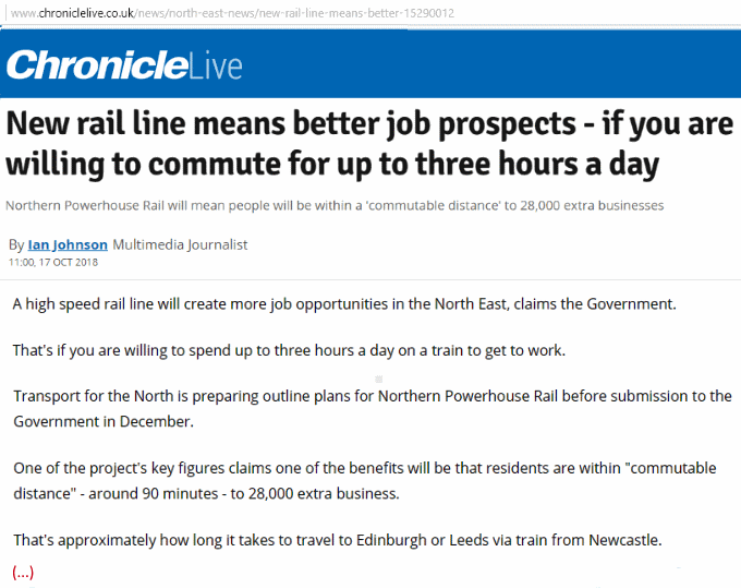 'New rail line means better job prospects - if you are willing to commute for up to three hours a day', Ian Johnson, Newcastle Chronicle, 17 Oct 2018