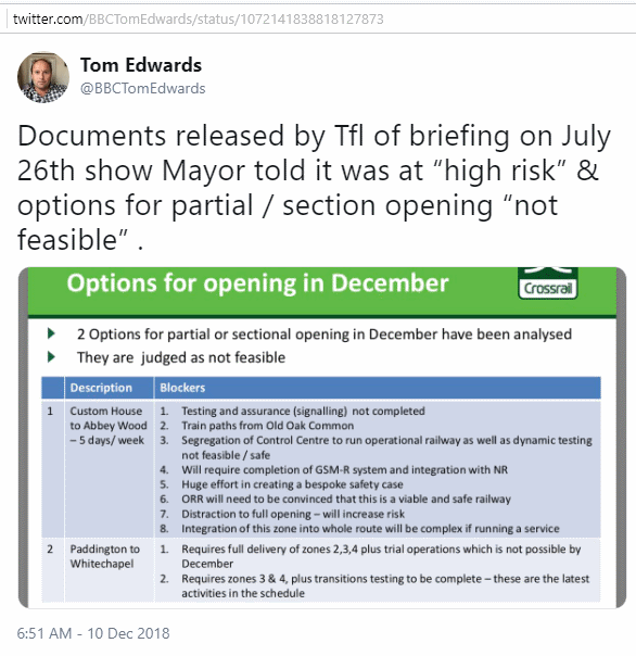 twitter, @BBCTomEdwards, 'Documents released by Tfl of briefing on July 26th show Mayor told it was at “high risk” & options for partial / section opening “not feasible”.'