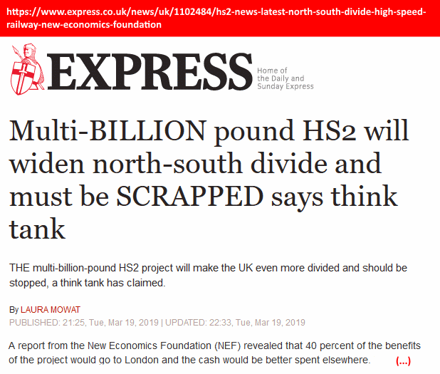 Daily Express, New Economics Foundation HS2 story, March 2019