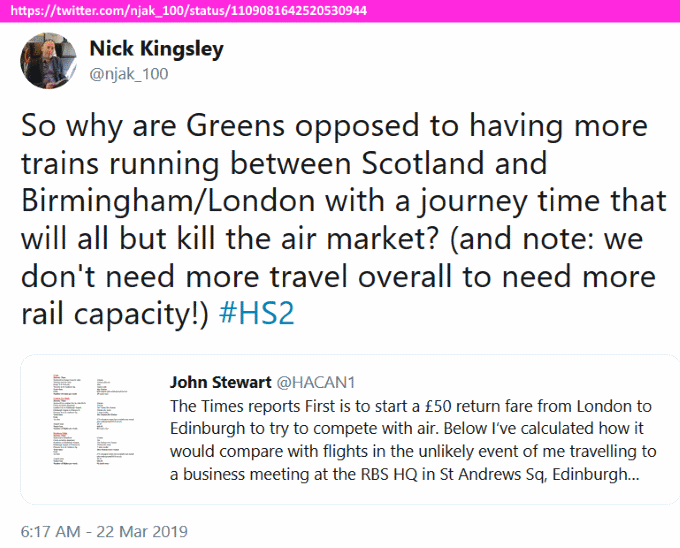 twitter, @njak_100: 'So why are Greens opposed to having more trains running between Scotland and Birmingham/London with a journey time that will all but kill the air market? (and note: we don't need more travel overall to need more rail capacity!)'