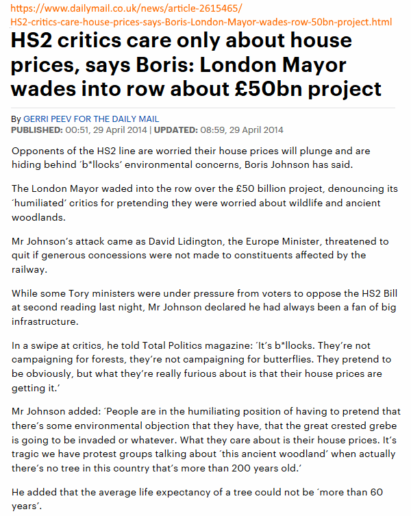 HS2 critics only care about house prices says Boris Johnson | Gerri Peev | Mail Online | 29 April 2014