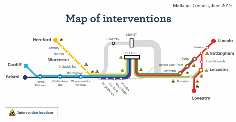 Midlands Rail Hub, interventions diagram, June 2019