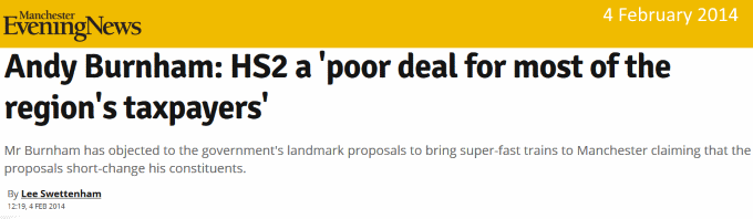 Andy Burnham: HS2 a 'poor deal for most of the region's taxpayers', MEN, 4 Feb 2014