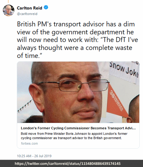 twitter, @carltonreid, British PM's transport advisor has a dim view of the government department he will now need to work with: “The DfT I’ve always thought were a complete waste of time.”