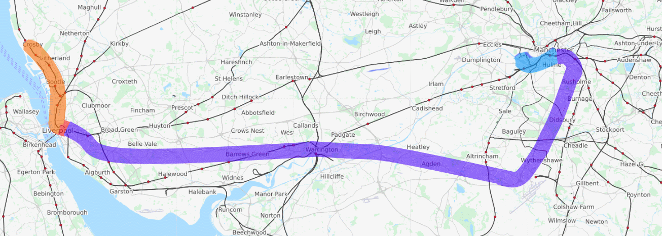 Crosby to Salford Quays commute with conceptual 'Northern powerhouse rail' (base map: OpenStreetMap)