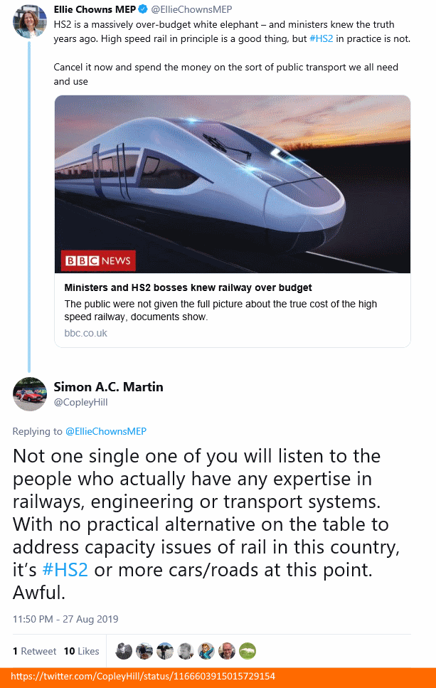 twitter, @CopleyHill, 'Not one single one of you will listen to the people who actually have any expertise in railways, engineering or transport systems. With no practical alternative on the table to address capacity issues of rail in this country, it’s #HS2 or more cars/roads at this point. Awful.'