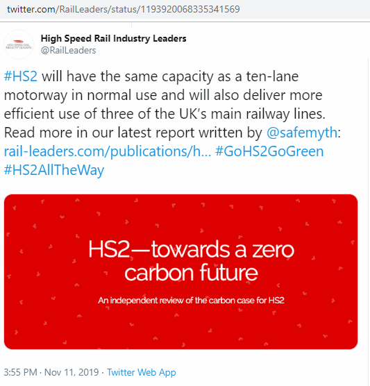 twitter, @RailLeaders, '#HS2 will have the same capacity as a ten-lane motorway in normal use and will also deliver more efficient use of three of the UK’s main railway lines. Read more in our latest report written by @safemyth: https://rail-leaders.com/publications/hs2-towards-a-zero-carbon-future/ #GoHS2GoGreen #HS2AllTheWay'
