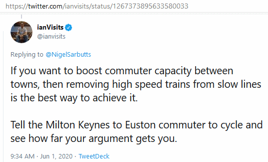 twitter, @ianvisits, 'If you want to boost commuter capacity between towns, then removing high speed trains from slow lines is the best way to achieve it. [...]'